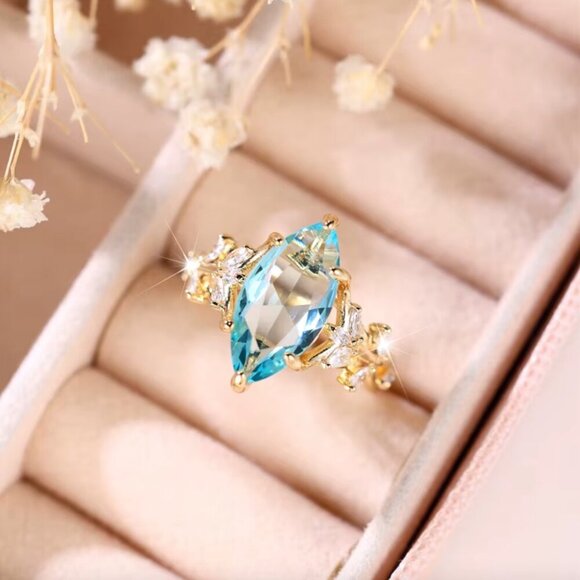 14k Gold Aquamarine Diamond Ring Marquise Cut Statement Cocktail Ring - Picture 3 of 5